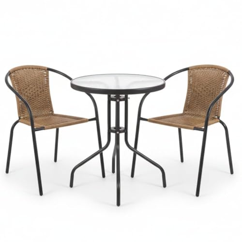 LOLAhome Conjunto Jardín Exterior Mesa y 2 Sillas | Mesa Cristal Templado Ø60cm| 2 Sillones Ratan Natural, apilables | Pintura Epoxi Anticorrosión, Resistente y Duradero | Balcón, Terraza | Trivia