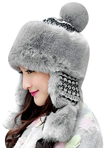Fellmütze Damen Winter Kunstpelzmütze mit Ohrenklappen Wintermütze Warm Winddicht Strickmütze mit Fellbommel Trappermütze Innenfutter Gefüttert Bommelmütze Weich Damenmütze Outdoor