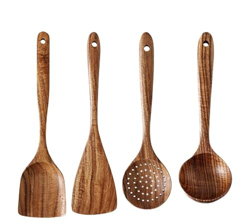 Bomefoi Utensilios de cocina de madera, juego de cucharas de cocina de madera, juego de utensilios de cocina, juego de 4 cucharas de madera natural para cocinar, espátula antiadherente con mango largo