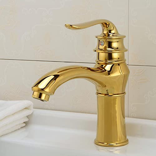 Grifo mezclador de un solo mango dorado de estilo vintage para lavabo de baño retro, grifo mezclador corto de un solo agujero para agua fría y caliente