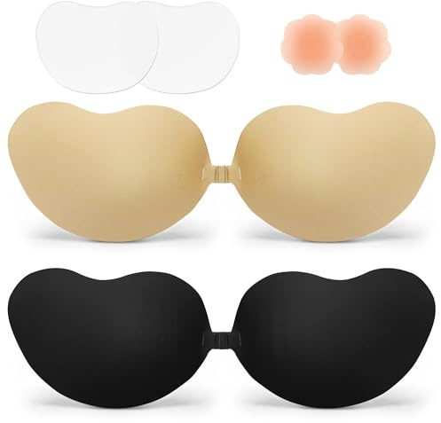 Quikobo Sticky Push up Bra – 2 Pair Invisible Reusable Strapless Backless Bra Adhesive Bra for Women with Nipple Covers, D Beige