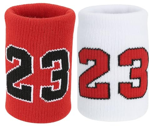 PATIKIL Sportarmband svettband för män och kvinnor, 2 st andningsbara tennisarmband absorberande svettband nummer 23 för basket fotboll baseball löpning gym, vit/röd