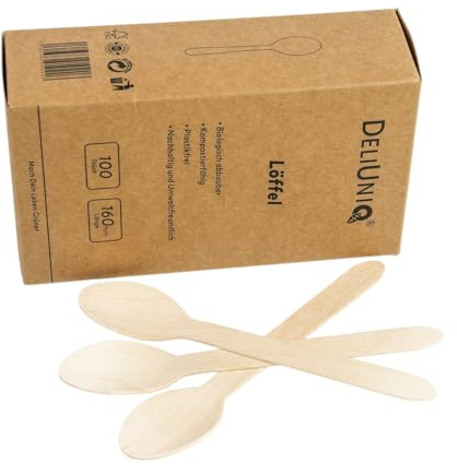 DeliUniq® Einwegbesteck, 100 Holzlöffel- umweltfreundliches nachhaltiges Besteck aus Birkenholz, Biologisch abbaubar, lebensmittelecht, Länge 160mm