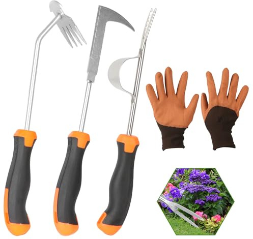 CAKKVDE 3 Pack Weed Remover Tool with Rubber Handle & Gardening Gloves | Stainless Steel Garden Weeding Tools for Patio, Backyard, Farm - Portable Weed Pulling Tool Set