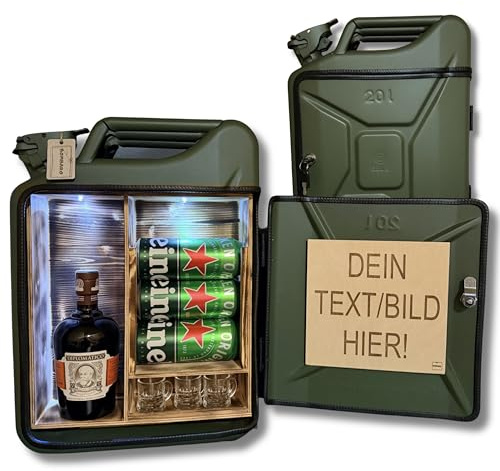 Bombaro 20L Kanister Mini Bar Premium I Maximal personalisierbar mit Gravur & LED Beleuchtung I 3 Gläser I Jerrycan I Mobile Kanister Bar Geschenk für Männer I Abschließbare Minibar I Bier Geschenk