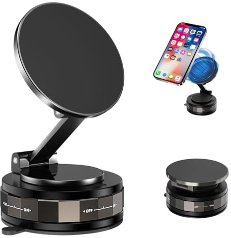 Maglock Vacuum Magnetic Phone Suction Holder, 360° Rotating Adjustable Car Suction Cup Phone Mount, Foldable Vacuum Phone Stand for iPhone Mag Safe Android & All Phones (Maglock B)