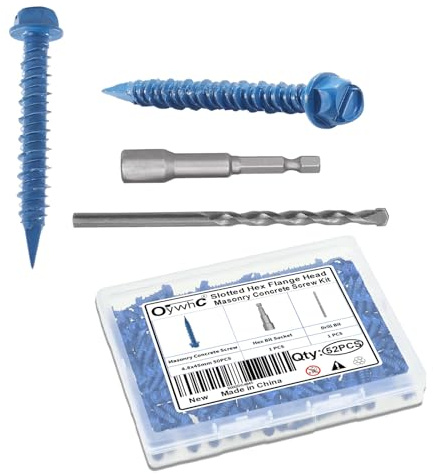 OywhC 50Pcs Masonry Concrete Screws 4.8mm x 45mm with Hexagon Socket Bit & Drill Bit, Special Blue Coating, Hexagon Flange Head, Conical Diamond Tip, High-Low Threads, for Masonry/Concrete/Brick/Block