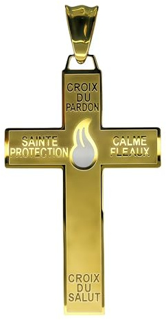 Católica Marie Julie Jahenny de Benedicción con protección Cruz de perdón con llama esmaltada blanca, cruz santa del perdón, crucifijo de acero inoxidable, cruz del perdón, cruz del perdón en acero