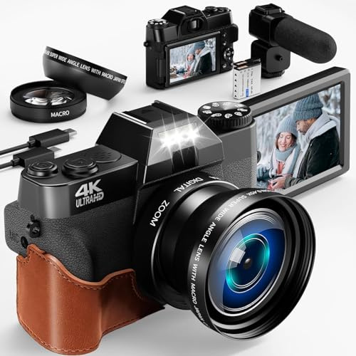 4K Digitalkamera 18X Digitalzoom 56MP Fotokamera mit Weitwinkel+Macro Linse, mit WiFi und Manueller Fokus, 64G TF Karte 3.0 Kompaktkamera 180° Flip