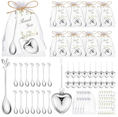 50 Sets Bridal Shower Tea Party Favor for Guests Leaf Tea Spoon Heart Tea Infuser for Loose Leaf Tea Steeper with Thank You Card Organza Bags for Wedding Decoration Gift Souvenirs (50, Silver)