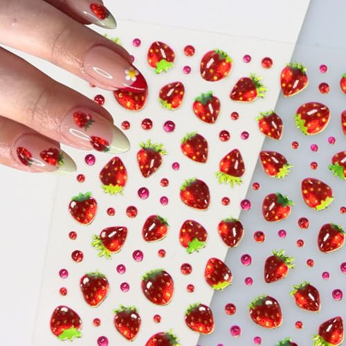 JMEOWIO 3D Nagelsticker Erdbeere Nail Art Sticker Selbstklebend Nagelaufkleber 5D Stereoskopisch Dekoration Nageldesign Zubehör 1 Blatt