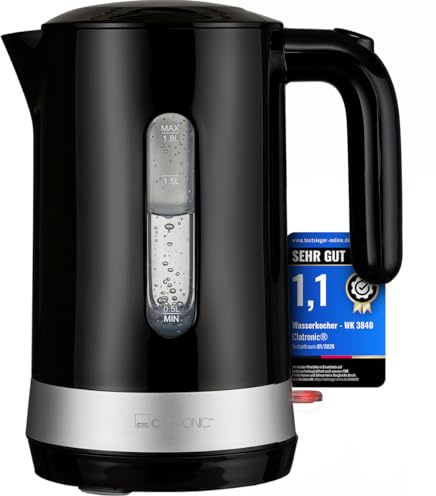 Clatronic® Wasserkocher 1,8L | 2200W für schnelles Erhitzen | BPA frei | Einhandbedienung | Wasserstandsanzeige | 360° drehbarer Sockel mit Kabelaufwicklung | Kettle | WK 3840 schwarz