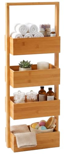 Relaxdays Badregal, Bambus, mit 4 Körben, HxBxT: 88 x 28 x 16 cm, Natur | Badezimmer, Küche, stehendes Nischenregal