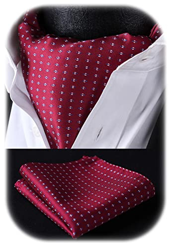 HISDERN Cravate Ascot Bordeaux Homme et Mouchoir Ensemble à Pois Polyester Soie Retro Classque Élégant Cravates Ascot Hommes Pochette pour Mariage