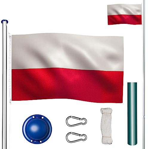 tectake® Asta Alluminio 625 cm con Bandiera, Corda e Piantone, Set, Regolabile in Altezza, Asta Allungabile, Asta Bandiera Esterno, Asta per Bandiera da Giardino - Polonia