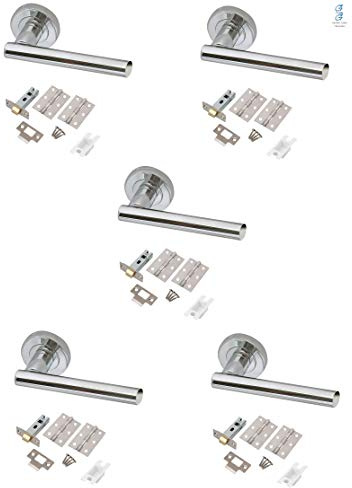 Golden Grace T-Bar Handle with Latch & Hinges, 5 Sets, Polished Chrome | Includes 3-inch hinges, 63mm tubular latch, screws and spindle for easy installation, mounted on round rose plate.
