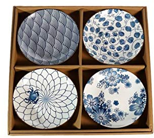lachineuse - Cofanetto 4 piatti giapponesi - Asiettes cave ⌀ 17,5 cm in stile asiatico - Colori blu e bianco - Stoviglie giapponesi tradizionali Zen - Idea regalo Giappone - Design onde fiori