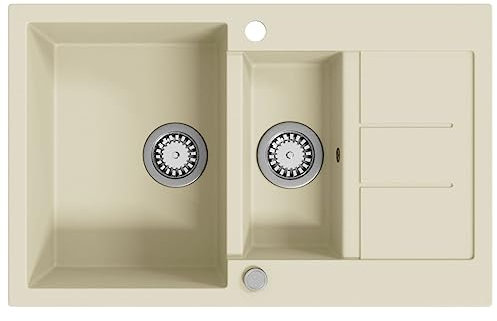 vidaXL Lavello da Cucina in Granito Naturale Stile Contemporaneo Elegante Vasca Doppia Reversibile con Filtro Lavandino Lavabo Beige