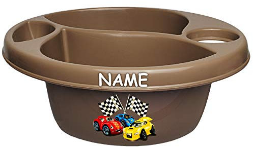 alles-meine.de GmbH 3 Kammer - Schüssel/Waschschüssel/Kinderwaschbecken - braun - Dunkelbraun Auto - Rennwagen inkl. Name - Bieco - mit Seifenablage - Organizer - Reinig..