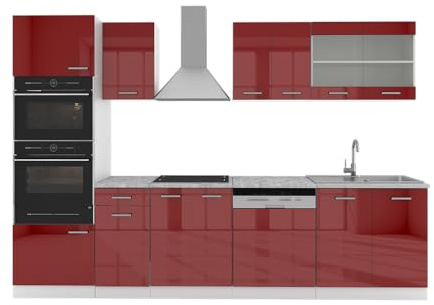 Vicco Küchenzeile R-Line, Rot Hochglanz, 300 cm | 8 Module · Höhenverstellbare Füße · Ohne Arbeitsplatte · Robuste Fronten · Mit Backofen-/Mikrowellenschrank