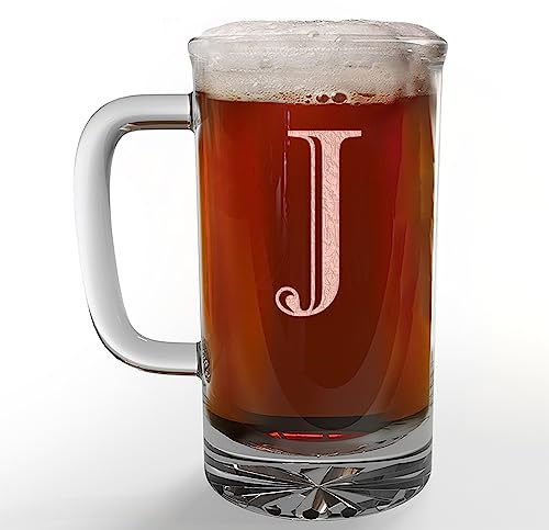 Etched Monogram 16oz Glass Beer Mug (Letter J), A-Z Customized Beer Gifts for Men, Father's Day, Personalized Beer Glasses, Custom Engraved Birthday Gifts for Him, Initial, Name, Husband Dad