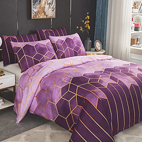 Dencalleus Bettwäsche-Set Geometrisch, 1 x Bettbezug 135x200 cm mit 1 x Kissenbezügen 50x70 cm, Weiche Bedding Set 2teilig Kuschelige Bettwäsche Set mit Reißverschluss, Lila