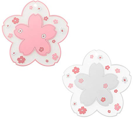 Sakura Coffee Cup Mat Kawaii Coaster 2PCS Cute Cherry Blossom PVC Home Tea Mug Pink Flower Pattern Anti-Skid Pot Bowl Pad Placemat for Desk Drink Table Decor Kawaii Accessories(Large)