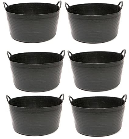 Pack de 6 capazos de plástico Flexible, de Color Negro, de 43 x 21,5 cm con Capacidad de 30 litros, con Asas, Ideal para Trabajo de Vendimia, Agricultura… Cubo de plástico (6uds / 30 litros Negro)