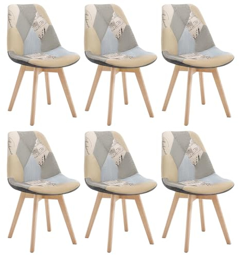 WOLTU Esszimmerstühle 6er Set, Küchenstühle mit Patchwork Design | mit Massivholz Beinen, Leinen, bis 150 kg belastbar, für Wohnzimmer Küche Esszimmer, Grau+Khaki