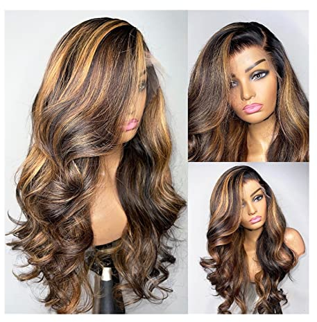 Perücken Highlight Body Wave 13X6 Lace Front Perücken 150% Echthaar Ombre 13X4 Lace Frontal Perücken for Frauen, 8-32 HD Transparent Lace Perücke mit vorgezupftem Haaransatz perücke fasching ( Color