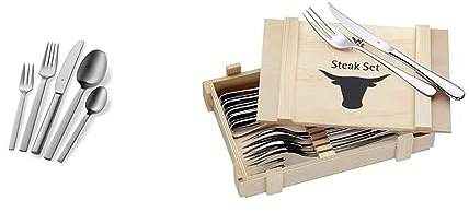 WMF Alteo Edelstahl Besteck Set 6 Personen, 30-teilig, Monobloc-Messer & Steakbesteck 12-teilig, Steakbesteck Set für 6 Personen, Steakmesser Set