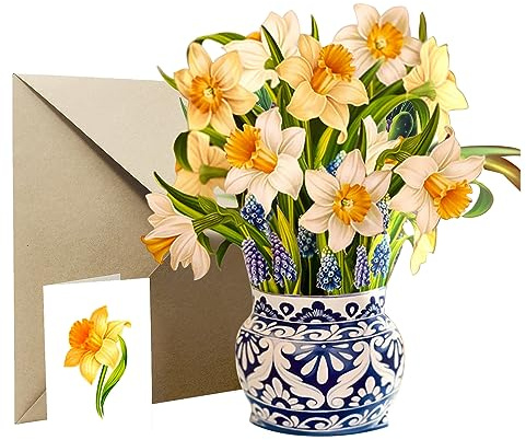 ZHDOKA Biglietto D'auguri con Bouquet di Fiori Pop-up Fatto a Mano, Cactus di Carta 3D Margherite Rose Gigli Biglietto Pop-up con Biglietto Vuoto e Busta per Donne Migliori Amiche Madre(Narciso)