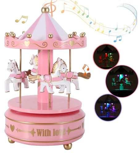 AIDIER Luminous Musical Carousel Horse Music Box with LED lights Wind up 4-Horse Rotating Musical Figurine Vintage Dream Merry-Go-Round Gifts Xmas Carousel Ornament Decoration