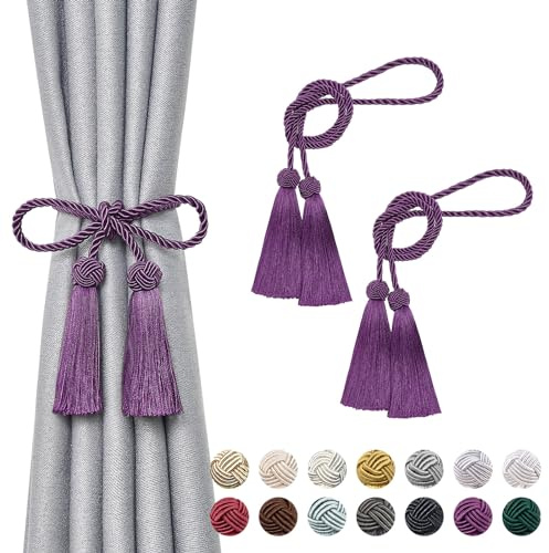 Pretty Jolly Lot de 2 embrasses de rideaux à double pompon en corde tressée faites à la main - Style européen - Décoration pour rideaux de fenêtre de maison et de bureau (Violet)