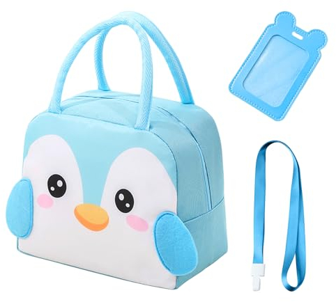 MAXQUU Borsa da pranzo 1 pezzo per bambini con 1 porta carte e 1 cordino, borsa da pranzo isolata, pieghevole impermeabile (blu)