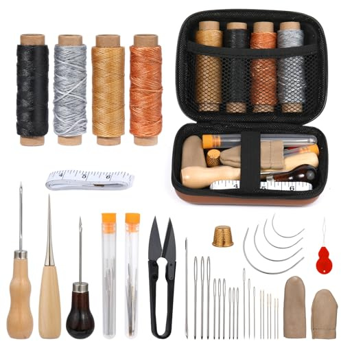 Juego de 39 piezas de costura de cuero, juego de costura de cuero, juego de herramientas para manualidades con hilo de cera, agujas de costura, punzón y tijeras para reparación de tapicería de cuero,
