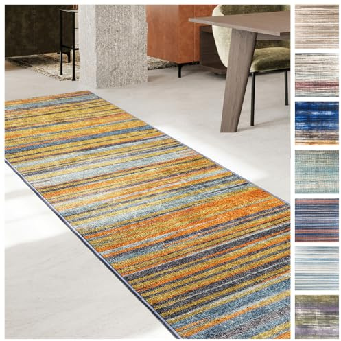 KARAT Teppich Läufer für Küche, Flur & Wohnraum Küchenläufer - Rutschfester Moderner Flurteppich für Wohnzimmer & Schlafzimmer Meterware nach Maß, Orange-Grau, 80 x 350 cm (Calama)