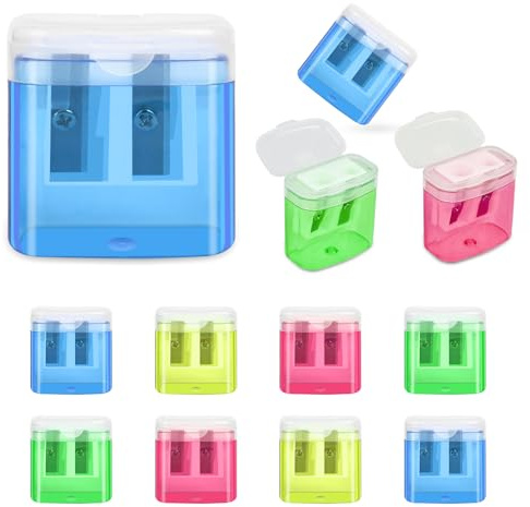 AUAUY 12er-Pack 4 Farben Anspitzer mit Behälter, Spitzer mit Dose, Anspitzer für Kinder, Doppelloch-Bleistiftspitzer und Manueller Pencil Sharpener, Spitzer für Schule und Büro