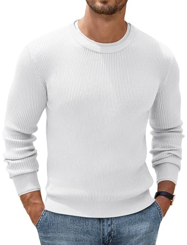 COOFANDY herrtröja rund hals stickad tröja finstickad tröja ribbad herr tröja basic stickad sweatshirt fritid business, Vit, L
