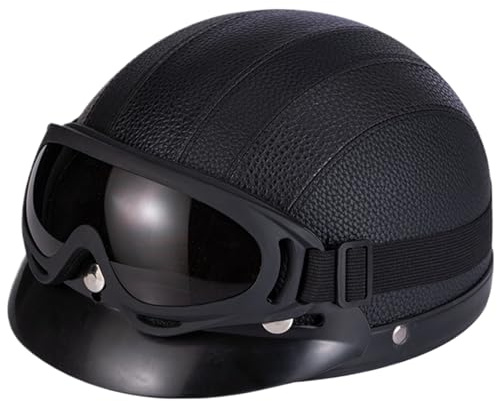 Casco a faccia aperta con occhiali marrone chiaro retrò mezzo elmetto per adulti traspirato con casco a rilascio rapido per la protezione del collo staccabile per uomini, media (nero) , rilascio rap