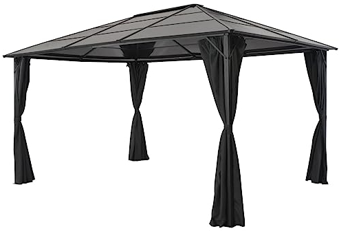 Homgoday Pavillon mit Vorhang Aluminium 4x3x2,6m Schwarz Outdoor Gartenunterstand für Terrassen, Hinterhof und Rasen Partyzelt Event Zelt Festzelt Überdachung