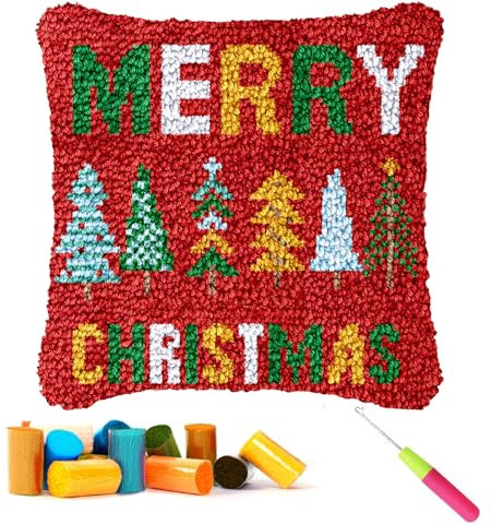 CCWORAN Christmas Latch Hook Kits for Adults Beginners Cushion Craft Kits Cover Making Crochet Pre Printed Canvas Wool Yarn Hobbies DIY Sofa Home Decor Women Gift Tree 6