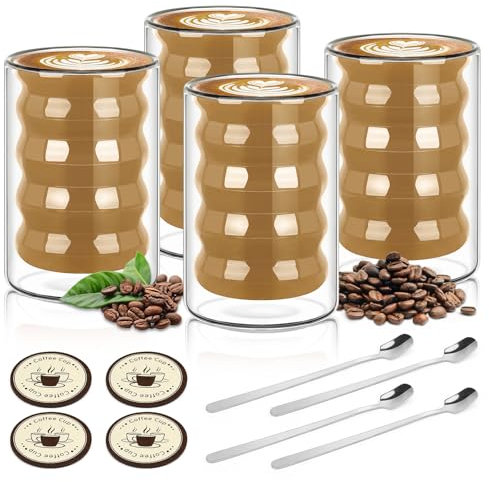 Tasse à Café, 4 x 350ML Verres Double Paroi mit 4 Cuillères et Sous-verres, Tasse Double Paroi, Transparent Tasses à Expresso pour Cappuccino Macchiato Thé Latte Jus