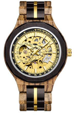 VICVS Orologio meccanico automatico da uomo in legno Orologio casual sportivo da uomo in legno Questo orologi in legno per acciaio inossidabile Combo (Zebra/Gold)