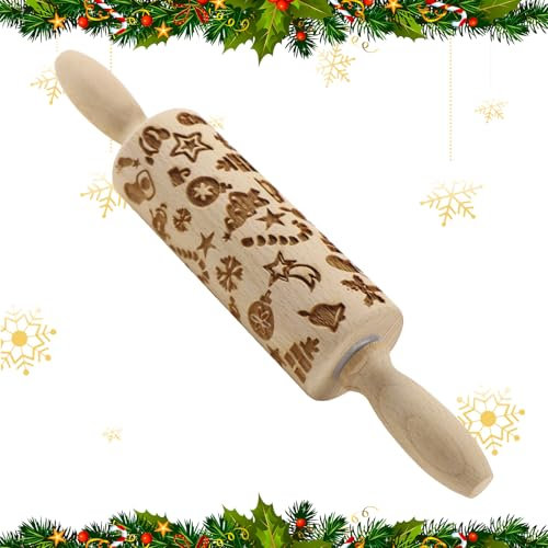 YPLonon Teigroller Weihnachten 30cm 3D Holz Nudelholz Mit Geprägtem Muster - Hölzern DIY Präge Nudelholz für Küche Plätzchen