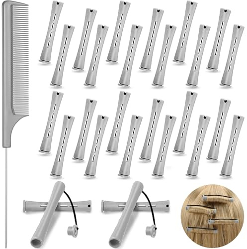 Chuangdi 24 Pcs Hair Perm Rods Plastic Cold Wave Perming Curlers Hair Rollers with Steel Pintail Comb Rat Tail Comb Tools for Hairdressing Styling(Grey,0.59 Inches)