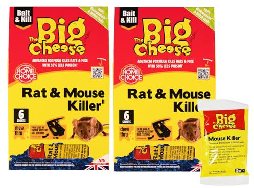 The Big Cheese Rat Poisoning Sachets - 2 Pack, 12 Total x 25g - Kills Mice and Rats, Indoor & Outdoor Use Bait Packet, Safe To Handle - Rat Killer For Mouse Traps - Super Strength Rat Poisoning
