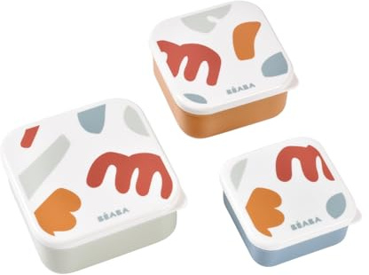 BÉABA, Set di 3 scatole per merenda per bambini e ragazzi, ideali per l'asilo nido e la scuola materna,facili da aprire e da pulire, lavabili in lavastoviglie e nel microonde,230mL/350mL/500mL,Playful