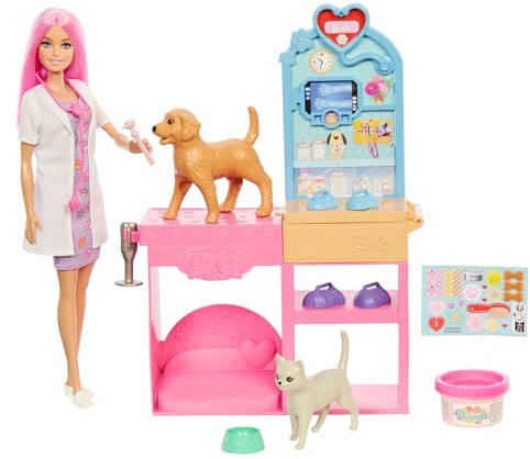 Barbie Fast Cast Veterinarian Clinic-lekset med modedocka med rosa hår, veterinärinredning och över 10 tillbehör, som formar och deg till bandage, JFX93