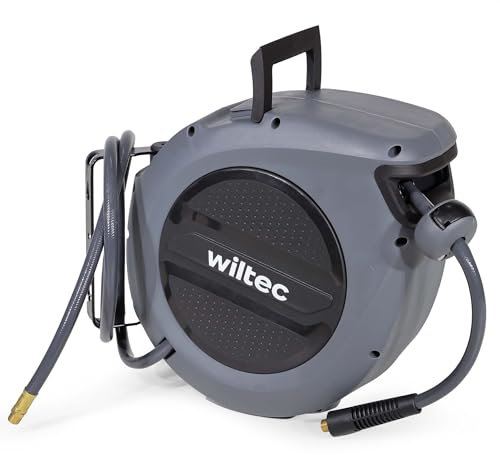 Wiltec Carrete de acero con manguera de aire híbrida 15 m para aire comprimido presión de trabajo hasta 17 bares montaje fácil enrollador automatico de la manguera